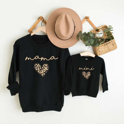 Mama & Mini Leopard Logo Heart Matching Black Sweatshirts