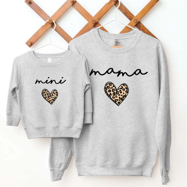 Mama & Mini Leopard Logo Heart Matching Black Sweatshirts