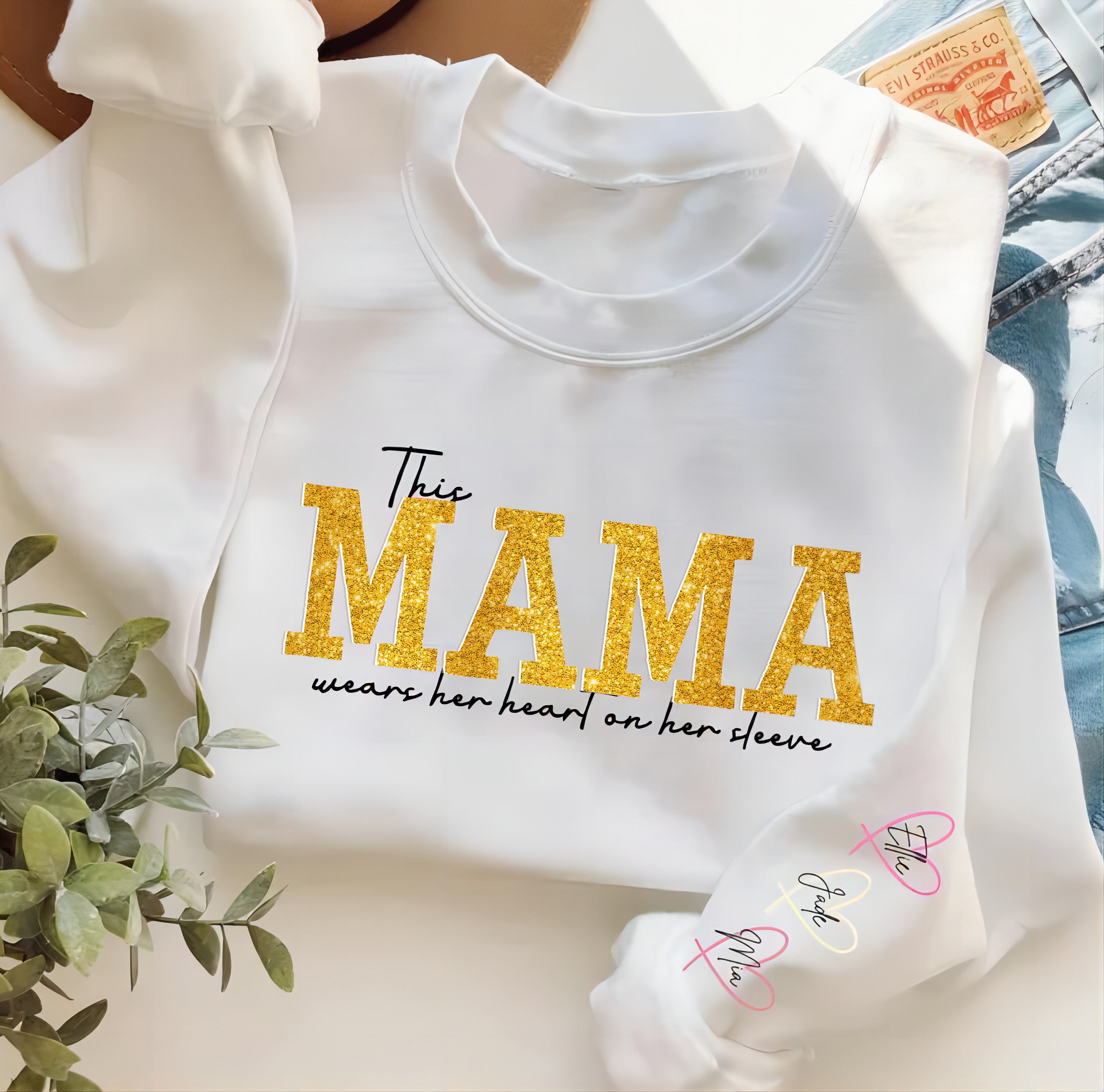 Personalized Wear Heart On Sleeve Mama Sweatshirt with Kid Names on Sleeves Mother's Day Birthday Gift