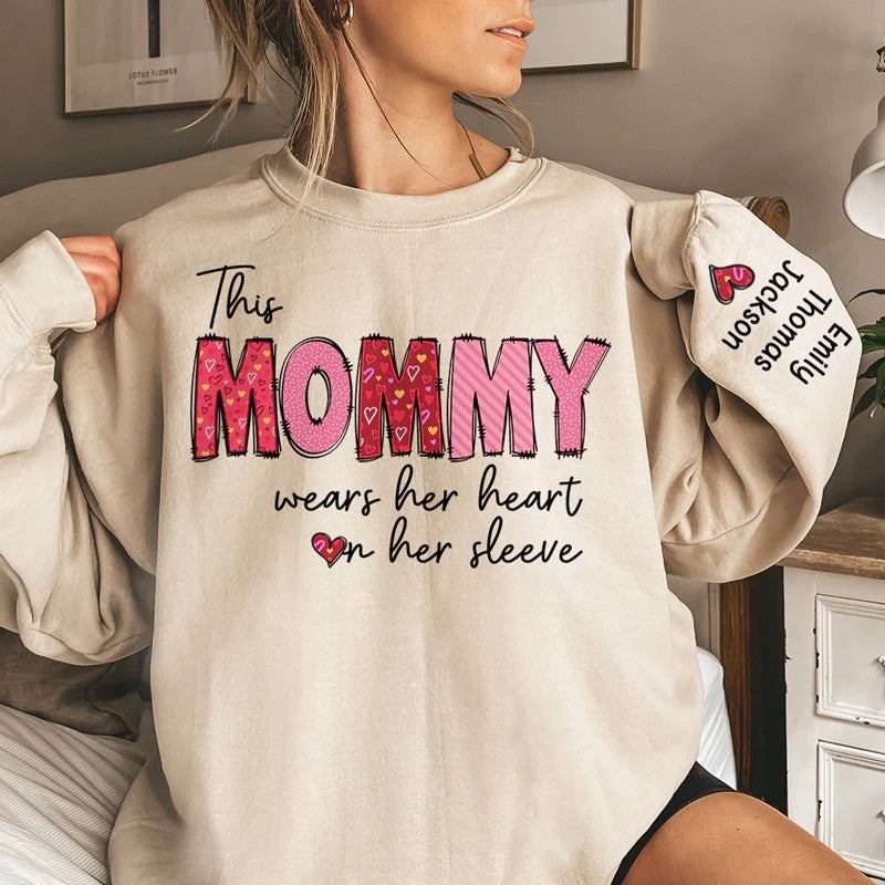 This Mommy Wears Her Heart On Her Sleeve - Family Personalized Unisex Sweatshirt With Design On Sleeve - Gift For Mom, Grandma