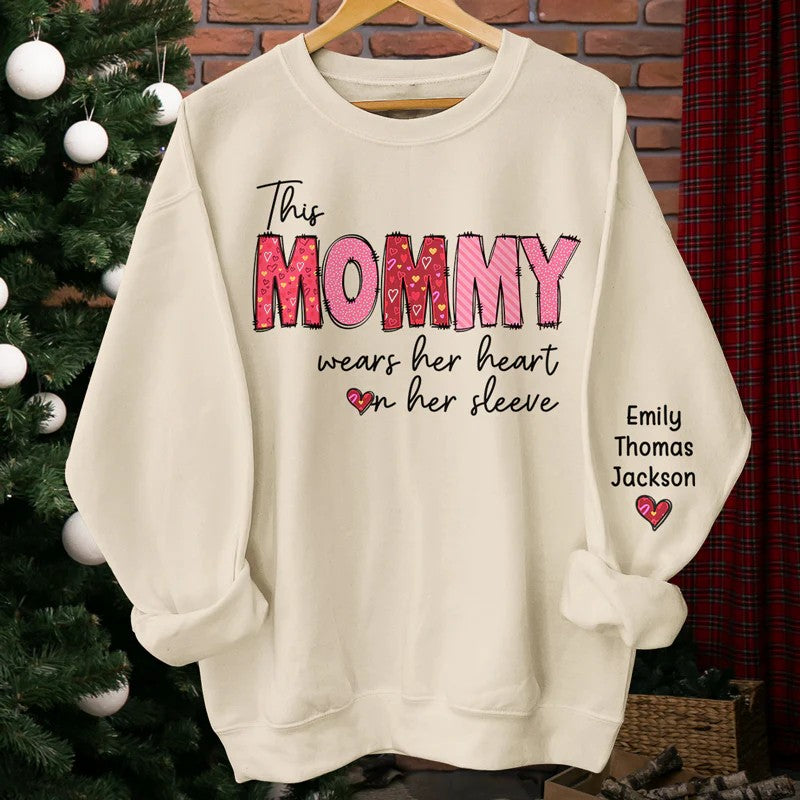 This Mommy Wears Her Heart On Her Sleeve - Family Personalized Unisex Sweatshirt With Design On Sleeve - Gift For Mom, Grandma