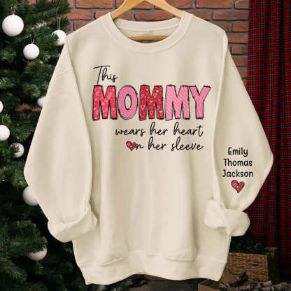 This Mommy Wears Her Heart On Her Sleeve - Family Personalized Unisex Sweatshirt With Design On Sleeve - Gift For Mom, Grandma