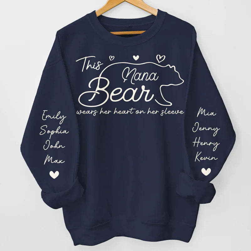 This Mama Bear Wears Her Heart On Her Sleeve - Family Personalized Unisex Sweatshirt With Design On Sleeve - Gift For Mom