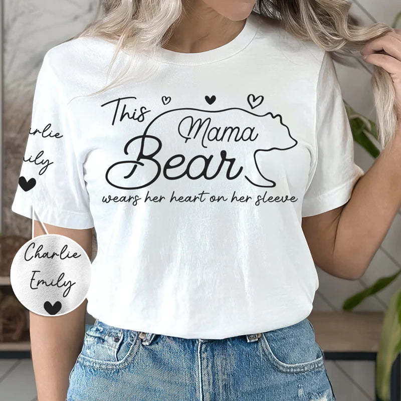 This Mama Bear Wears Her Heart On Her Sleeve - Family Personalized Unisex T-Shirt With Design On Sleeve - Gift For Mom