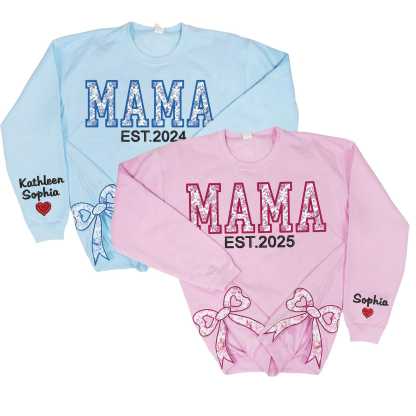 Custom Cute and Trendy Mama Side Bow Embroidered Gemma Crewneck Sweatshirt Mother's Day Gift