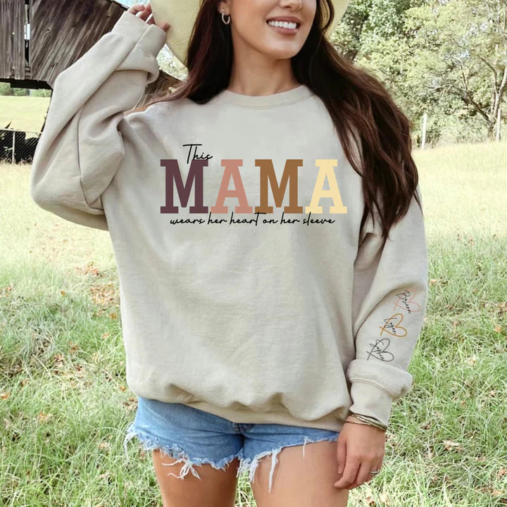 Personalized Wear Heart On Sleeve Mama Sweatshirt with Kid Names on Sleeves-Mother's Day Sale