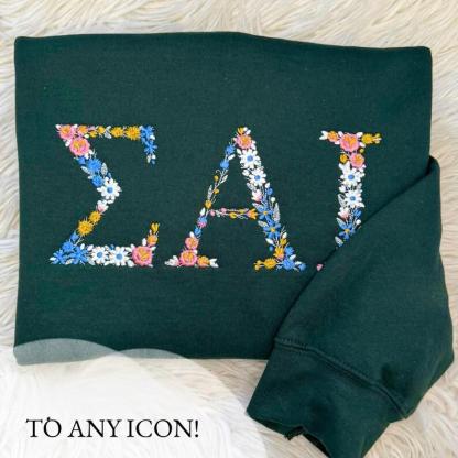 College Floral Letter Embroidered Sweatshirt | Embroidery Sorority Gift Greek Letter Sweatshirt
