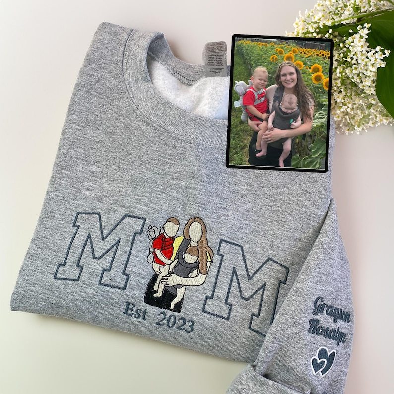 Custom Mama Photo Portrait Embroidery Sweatshirt With Kids Names