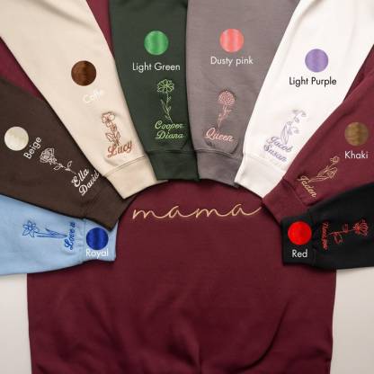 Embroidered Custom Mama Sweatshirt with Mama Birth Flowers & Names on Sleeve.Mother's Day gift