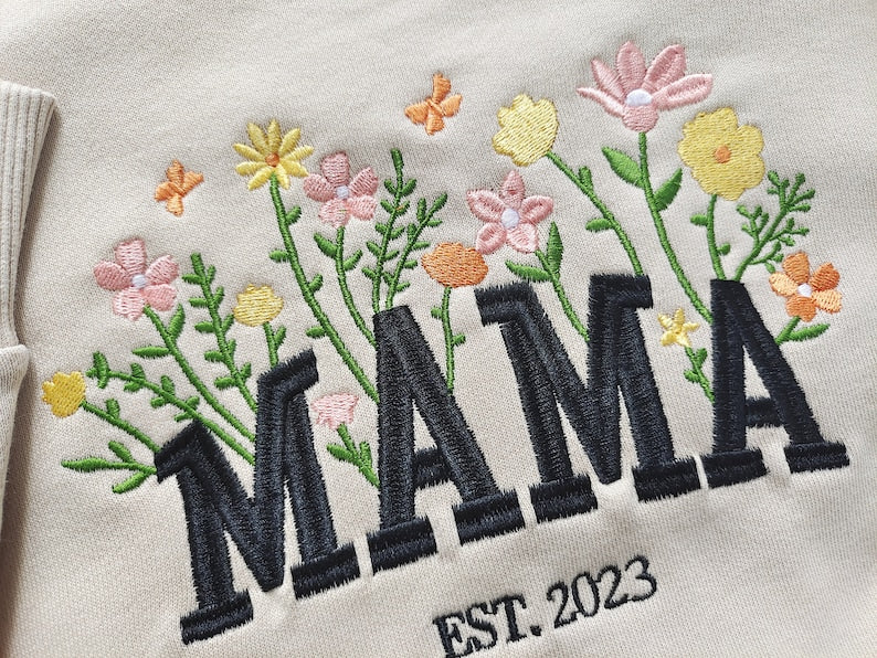 Custom Mama Embroidered Floral Sweatshirt,Custom Mama Crewneck With Kids Names, Heart On Sleeve, Gift For New Mom, Mother's Day Gift