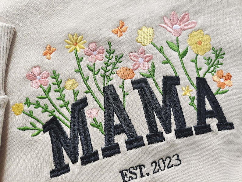 Custom Mama Embroidered Floral Sweatshirt,Custom Mama Crewneck With Kids Names, Heart On Sleeve, Gift For New Mom, Mother's Day Gift