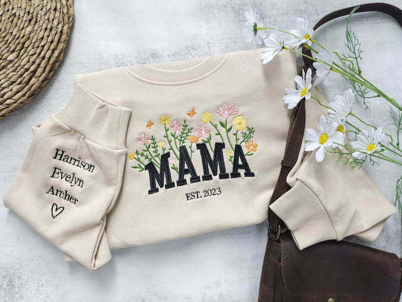 Custom Mama Embroidered Floral Sweatshirt,Custom Mama Crewneck With Kids Names, Heart On Sleeve, Gift For New Mom, Mother's Day Gift