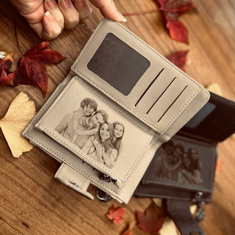 PERSONALIZED MOTHER GIFT, Women's Photo Wallet, Custom Engraved Vegan Leather Long Clutch, Gift For Her image 1