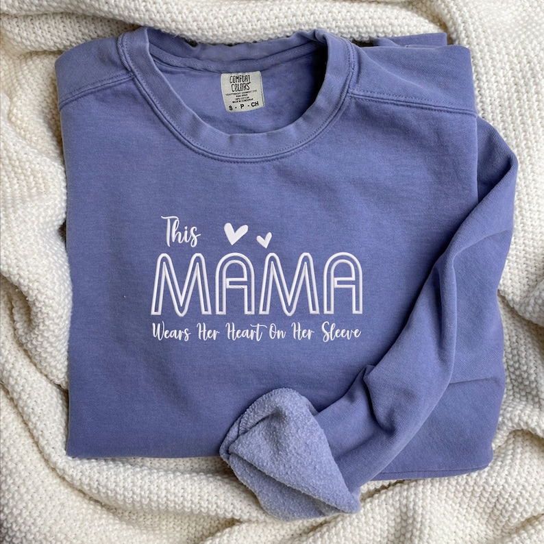 EMBROIDERED This Mama Wears Her Heart On Her Sleeve Sweatshirt, Comfort Colors&reg; Mama Sweatshirt with Name, Mother's Day Gift for Mom image 3