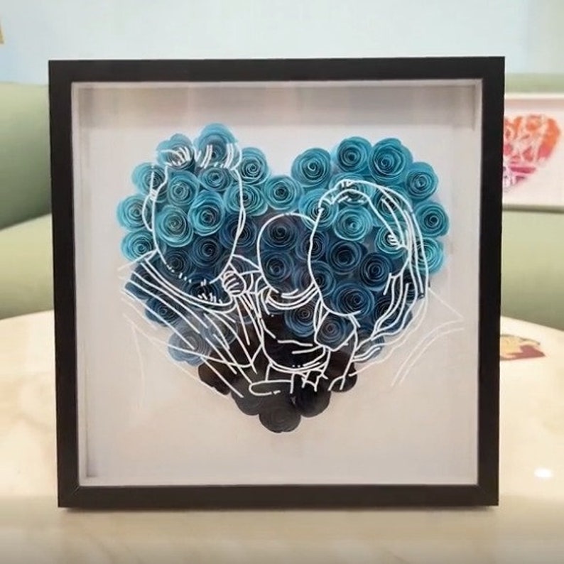 Custom Heart Line Art Flower Shadow Box, The best gift for family, mom, dad grandma, wife, girlfriend, Boyfriend Mother Father Day, Birthday image 1