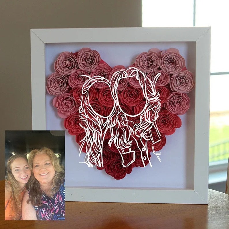 Custom Heart Line Art Flower Shadow Box, The best gift for family, mom, dad grandma, wife, girlfriend, Boyfriend Mother Father Day, Birthday image 4