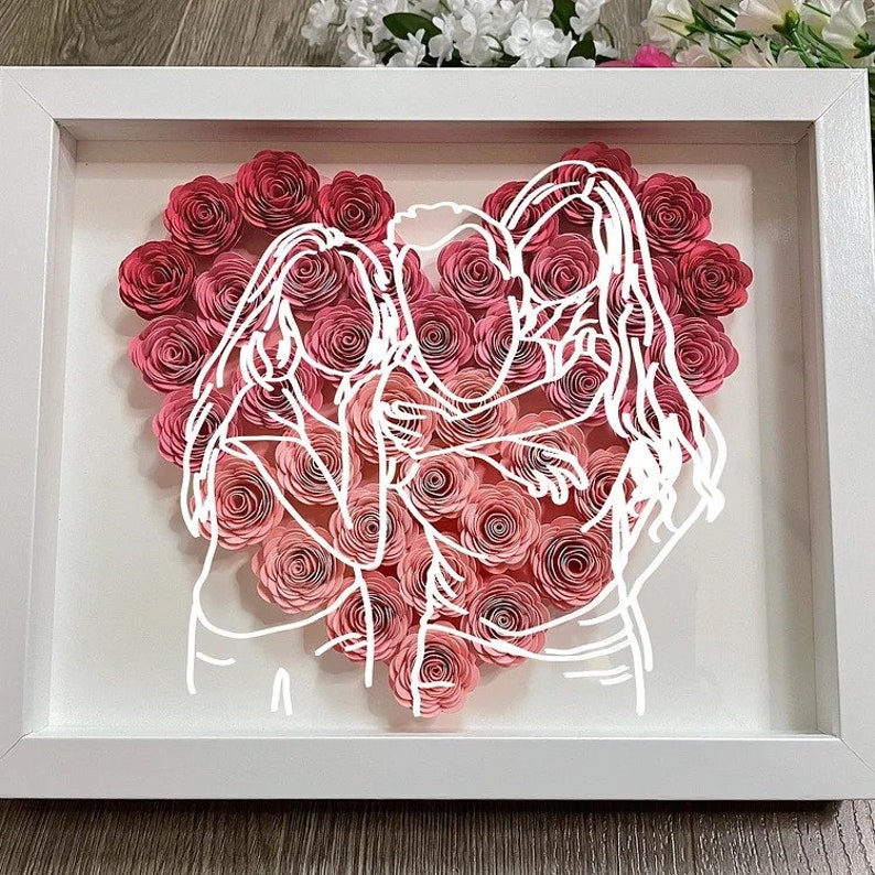 Custom Heart Line Art Flower Shadow Box, The best gift for family, mom, dad grandma, wife, girlfriend, Boyfriend Mother Father Day, Birthday image 3