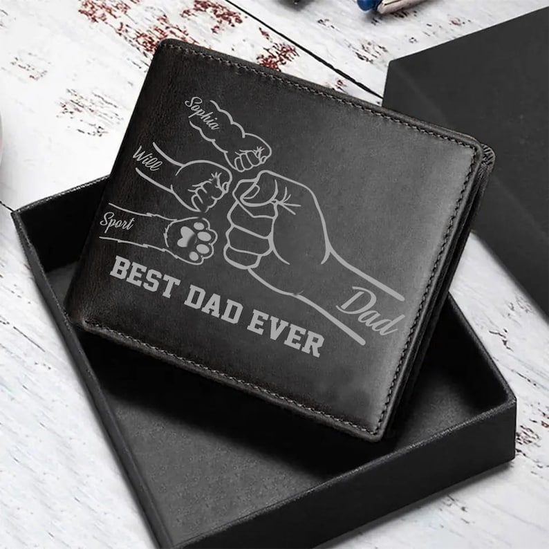 Personalized Fist Bump Dad Kids Pet Leather Wallet, Custom Family Name Male Leather Wallet, Father's Day Gift For Daddy, Wallet For Men image 3