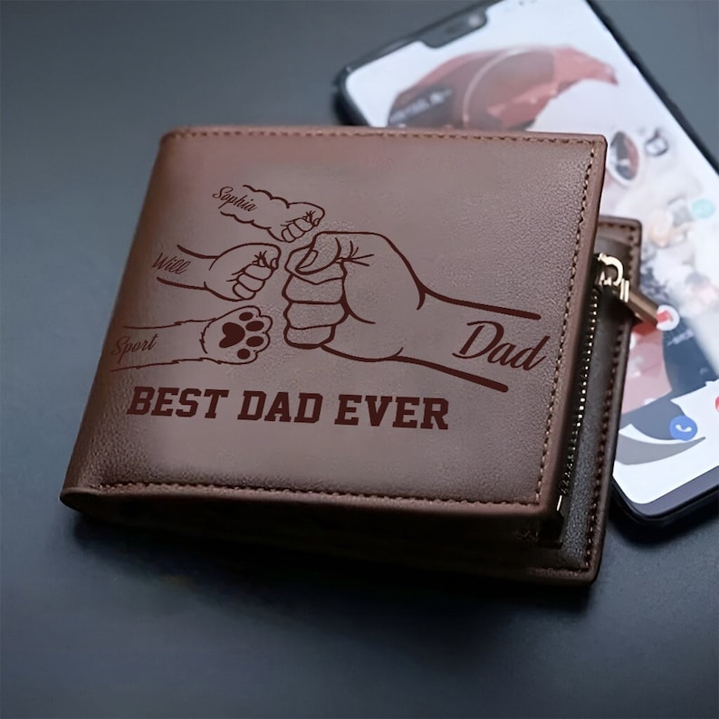 Personalized Fist Bump Dad Kids Pet Leather Wallet, Custom Family Name Male Leather Wallet, Father's Day Gift For Daddy, Wallet For Men image 1