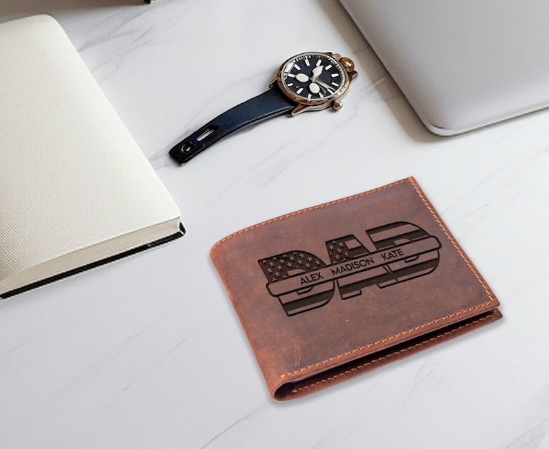 Personalized Dad Wallet, Fathers Day Gift, Engraved Leather Wallet For Dad, Father Birthday Gift, Unique Gift From Kids, Unique Gift For Dad image 1