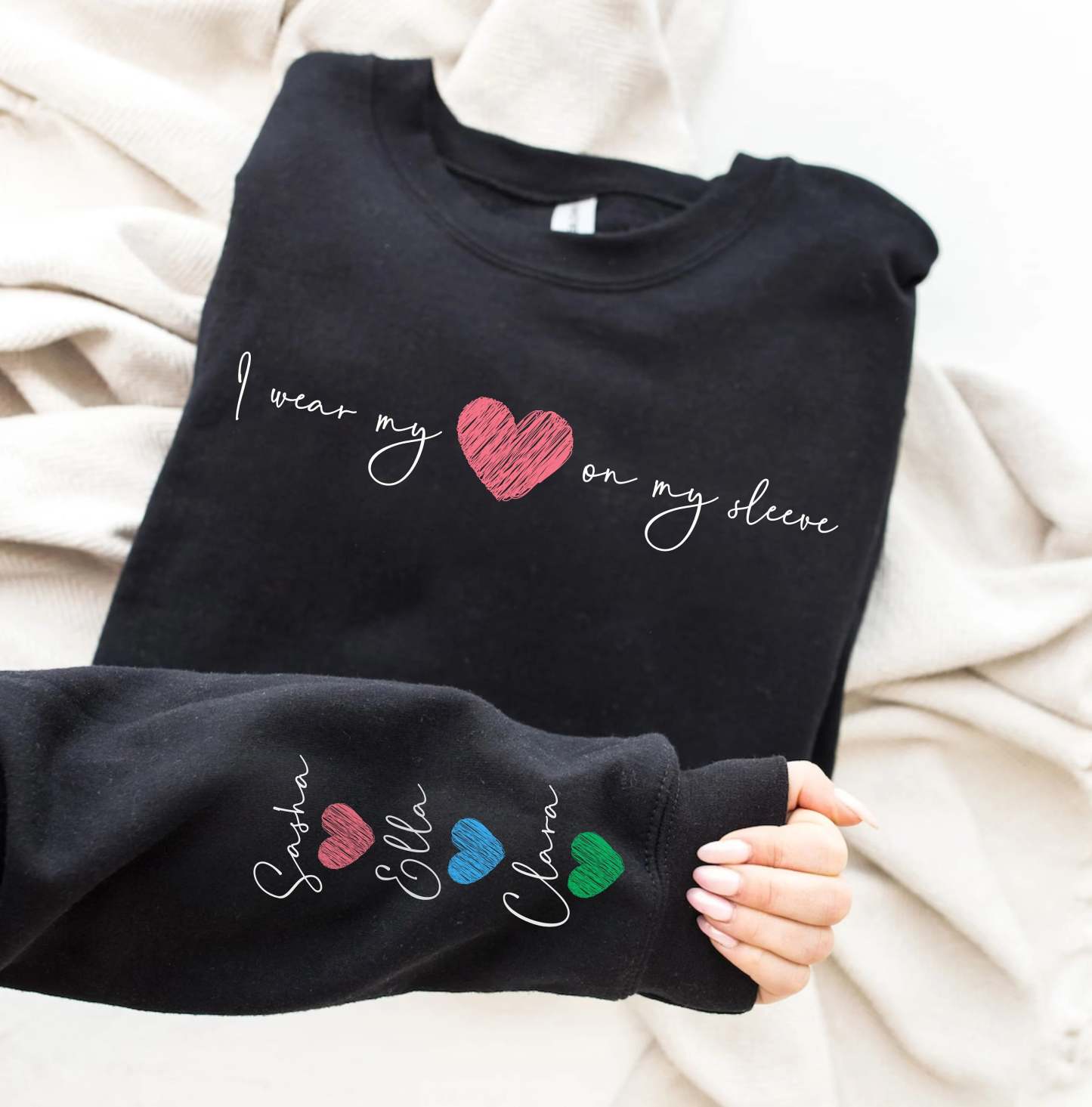 I Wear My Heart On My Sleeve,Mama Sweatshirt,Mothers Day Gift,Kids Names On Sleeve