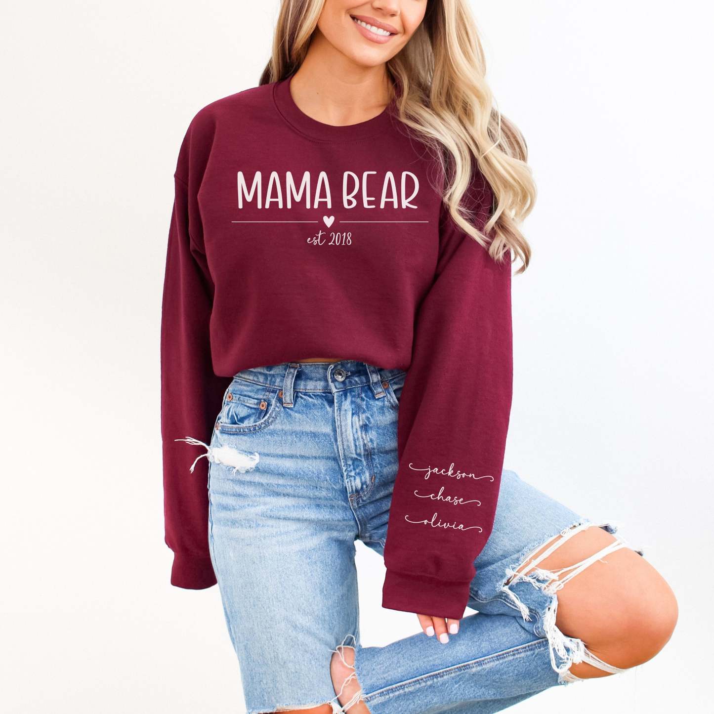 Mama Bear Sweatshirt with kids names on the sleeve, Custom gift for mom, Mom gift, Gift for New Mom, Mama Bear, Personalized Mama Sweatshirt