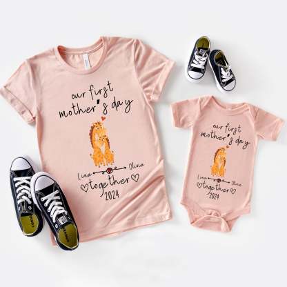 Our First Mother's Day Together Custom Baby and Mommy Names Cute Giraffes Shirt Onesie Matching Gift Tee Set