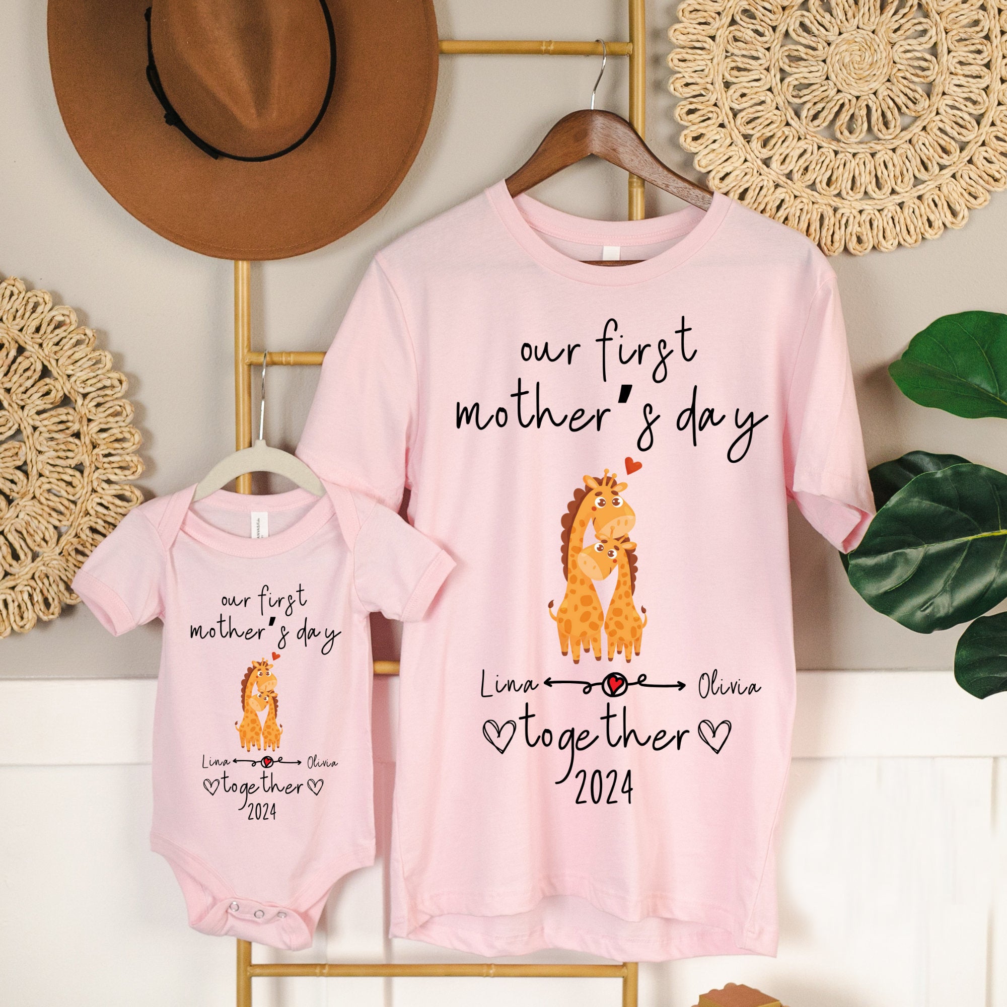 Our First Mother's Day Together Custom Baby and Mommy Names Cute Giraffes Shirt Onesie Matching Gift Tee Set