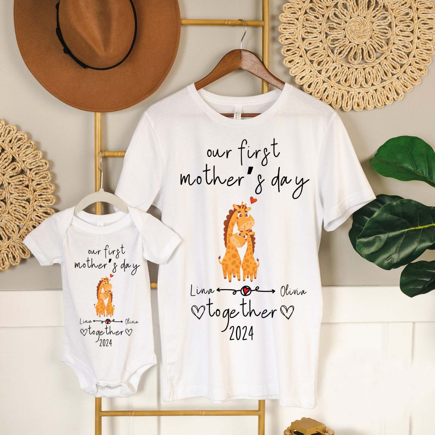 Our First Mother's Day Together Custom Baby and Mommy Names Cute Giraffes Shirt Onesie Matching Gift Tee Set