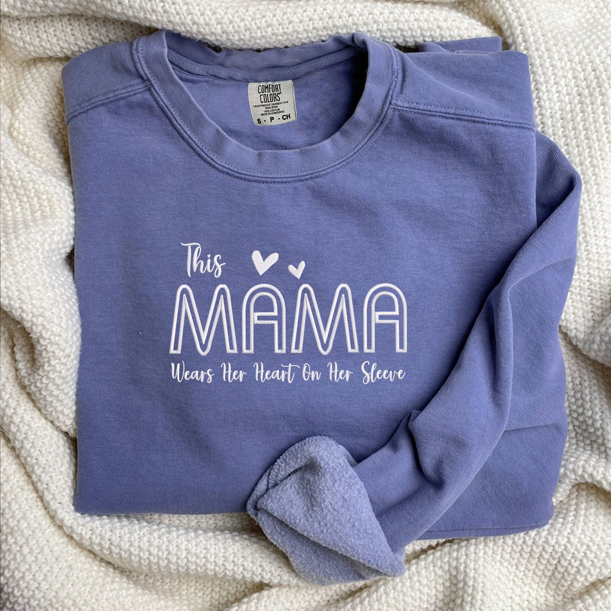 This Mama Wears Her Heart  On Her Sleeve Embroidery Sweatshirt with Names