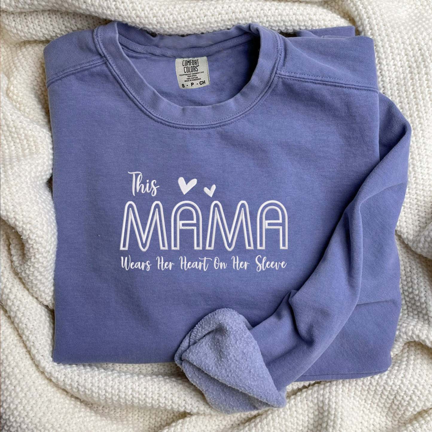 This Mama Wears Her Heart  On Her Sleeve Embroidery Sweatshirt with Names