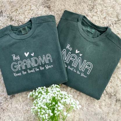 This Mama Wears Her Heart  On Her Sleeve Embroidery Sweatshirt with Names