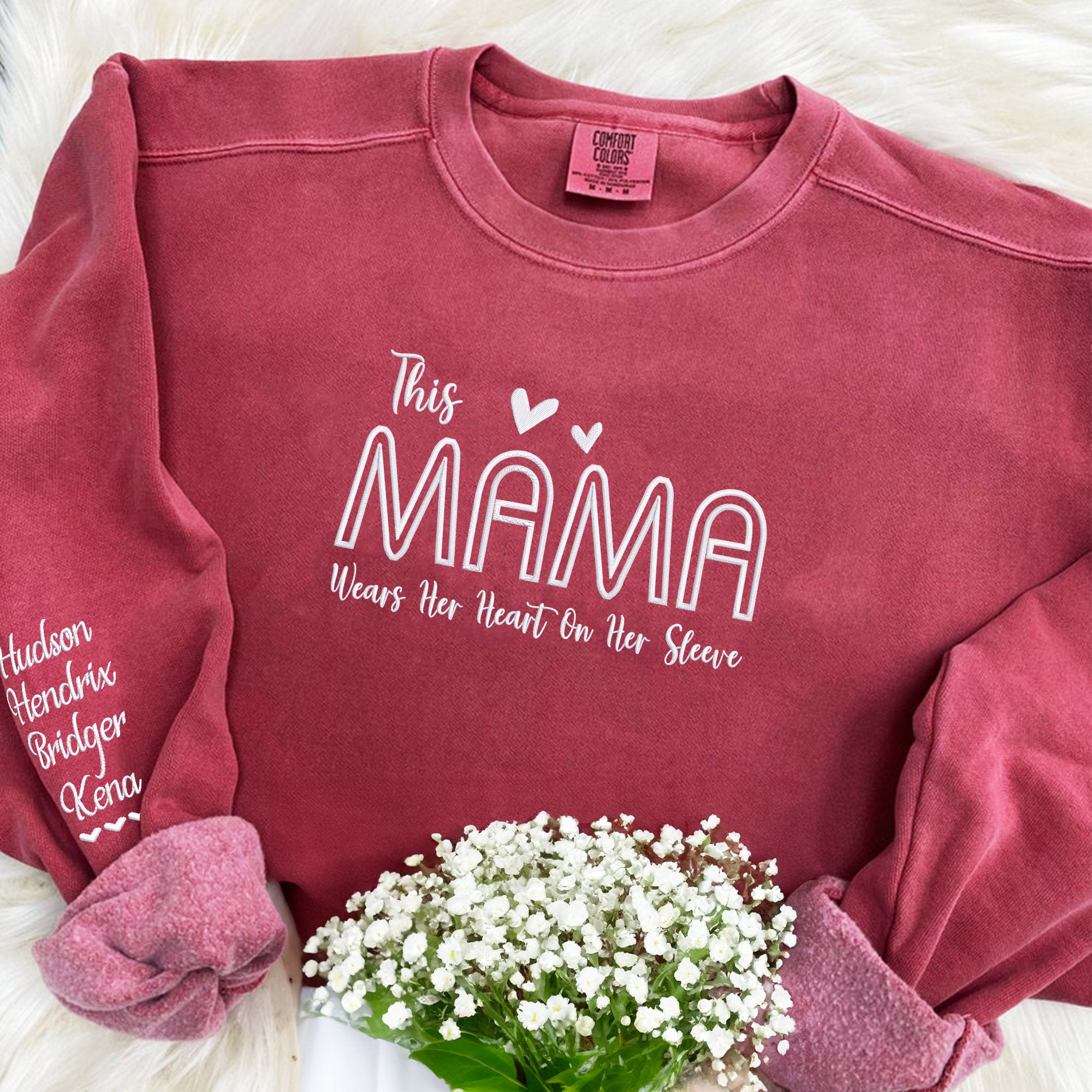 This Mama Wears Her Heart  On Her Sleeve Embroidery Sweatshirt with Names