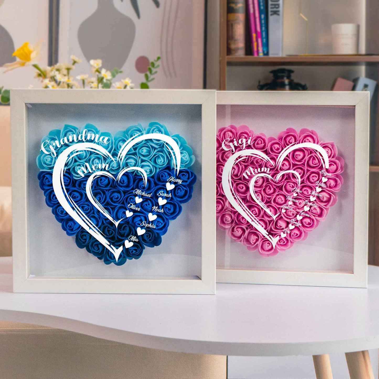 Custom Flower Heart Shadow Box with Names - Mother's Day Gifts For Grandma, Mom