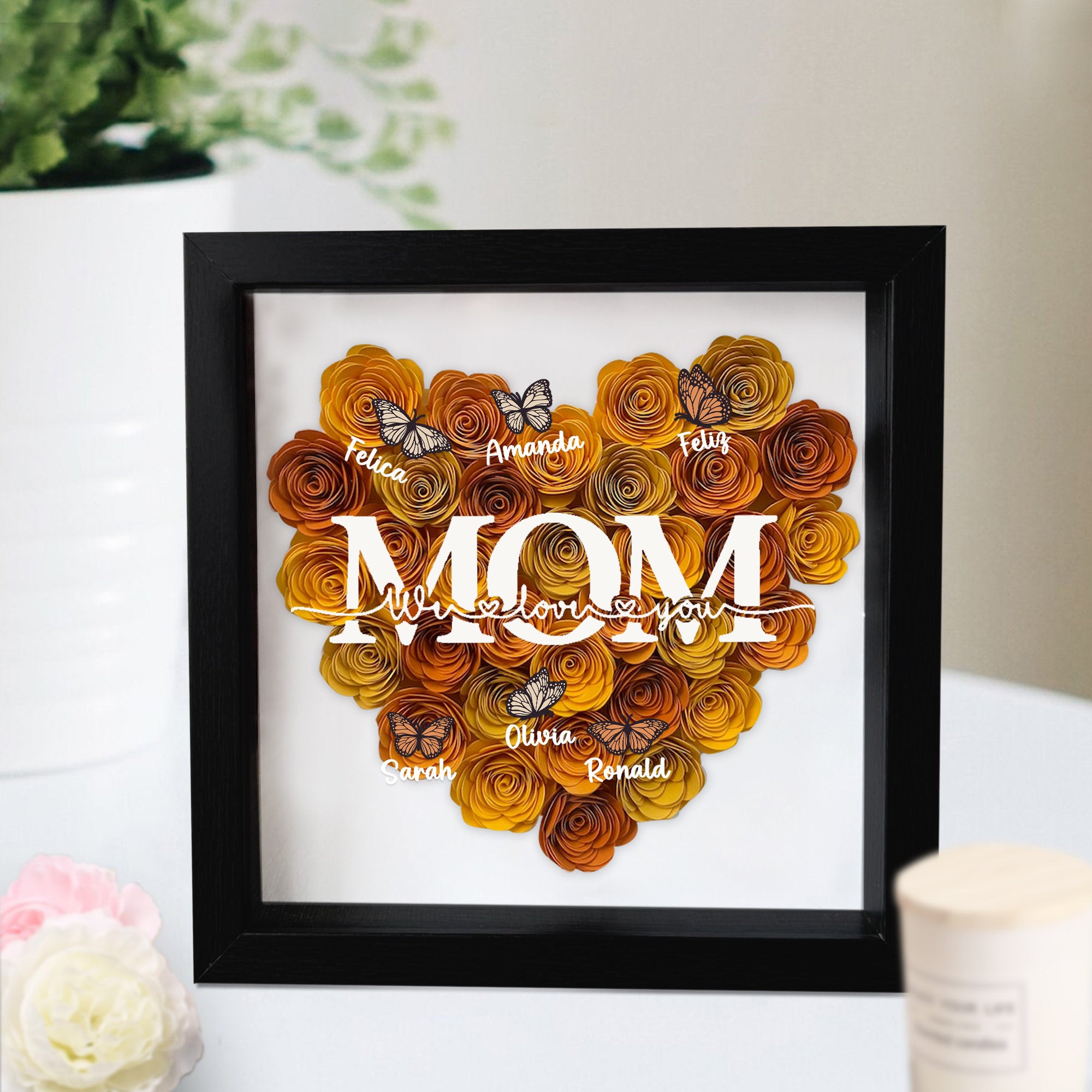 Custom Mom We Love You Rose Shadow Box With Butterfly Kids Names, Gift