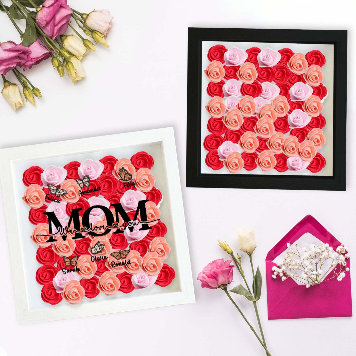 Custom Mom We Love You Rose Shadow Box With Butterfly Kids Names, Gifts For Mother's Day