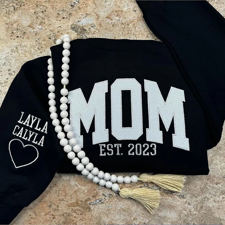 Embroidered Applique Glitter Mama Sweatshirt with Kids Names on Sleeve