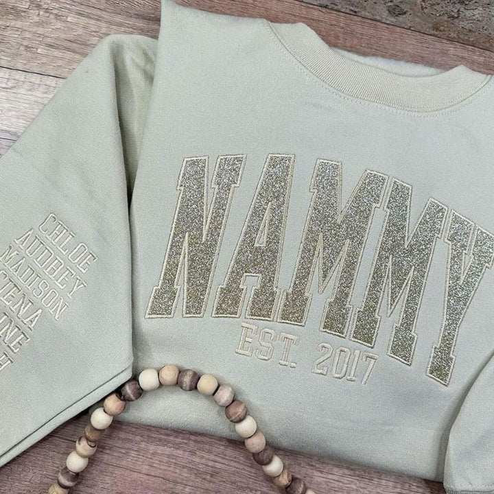 Embroidered Applique Glitter Mama Sweatshirt with Kids Names on Sleeve