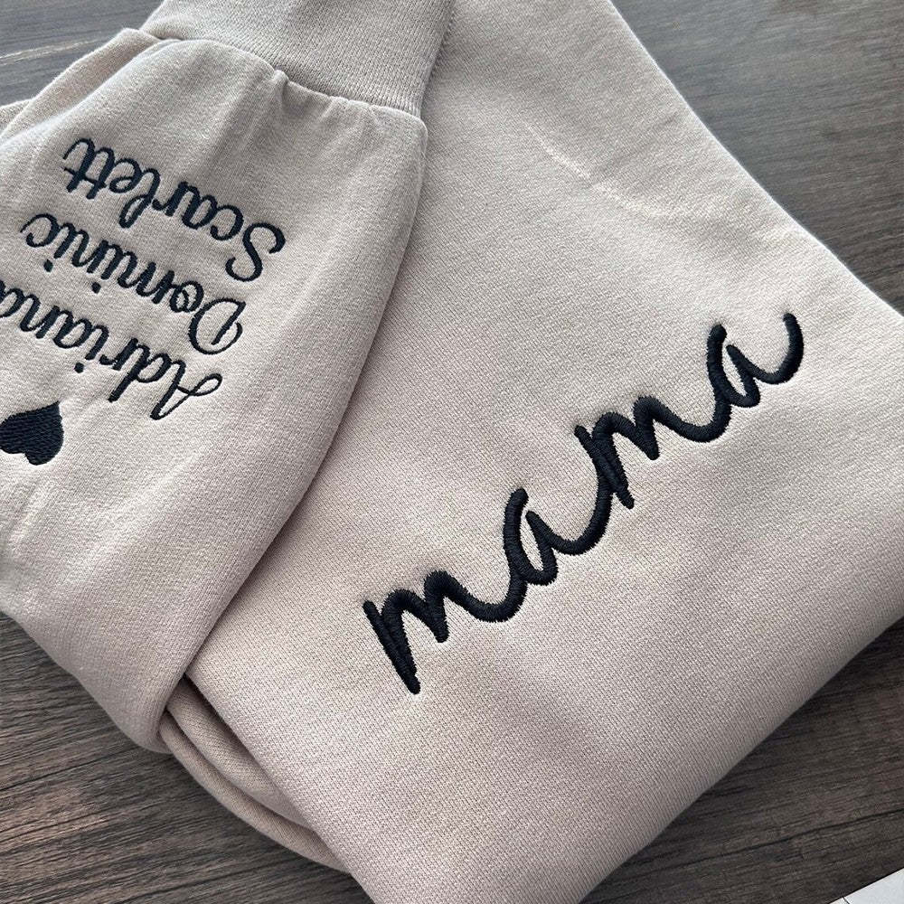 Custom Embroidered Mum Sweatshirt with Kids Names on Sleeve Mother's Day Gift for Mum Grandma
