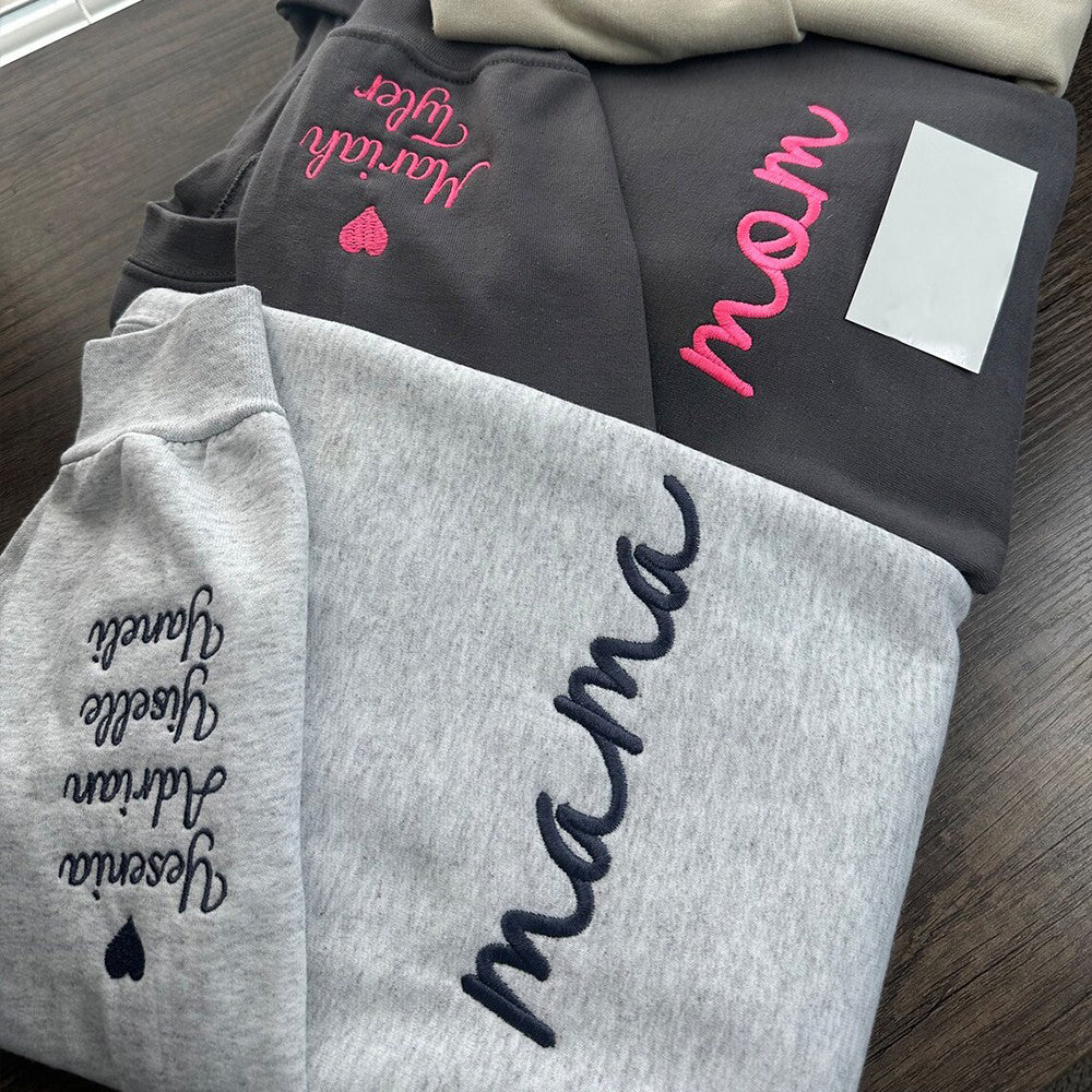 Custom Embroidered Mum Sweatshirt with Kids Names on Sleeve Mother's Day Gift for Mum Grandma