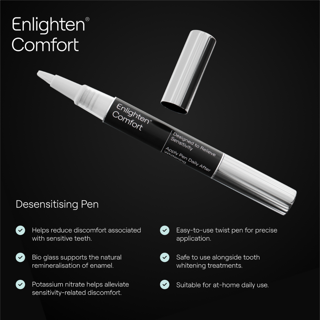 A close-up of the Enlighten Comfort desensitizing pen with the cap removed, showcasing the pointed applicator tip. The pen features a glossy black and silver design. The infographic includes text and icons highlighting benefits such as reducing tooth sensitivity, Bioglass for enamel remineraliSation, potassium nitrate for discomfort relief, and suitability for daily at-home use. Set on a dark background, the information is displayed clearly and professionally.