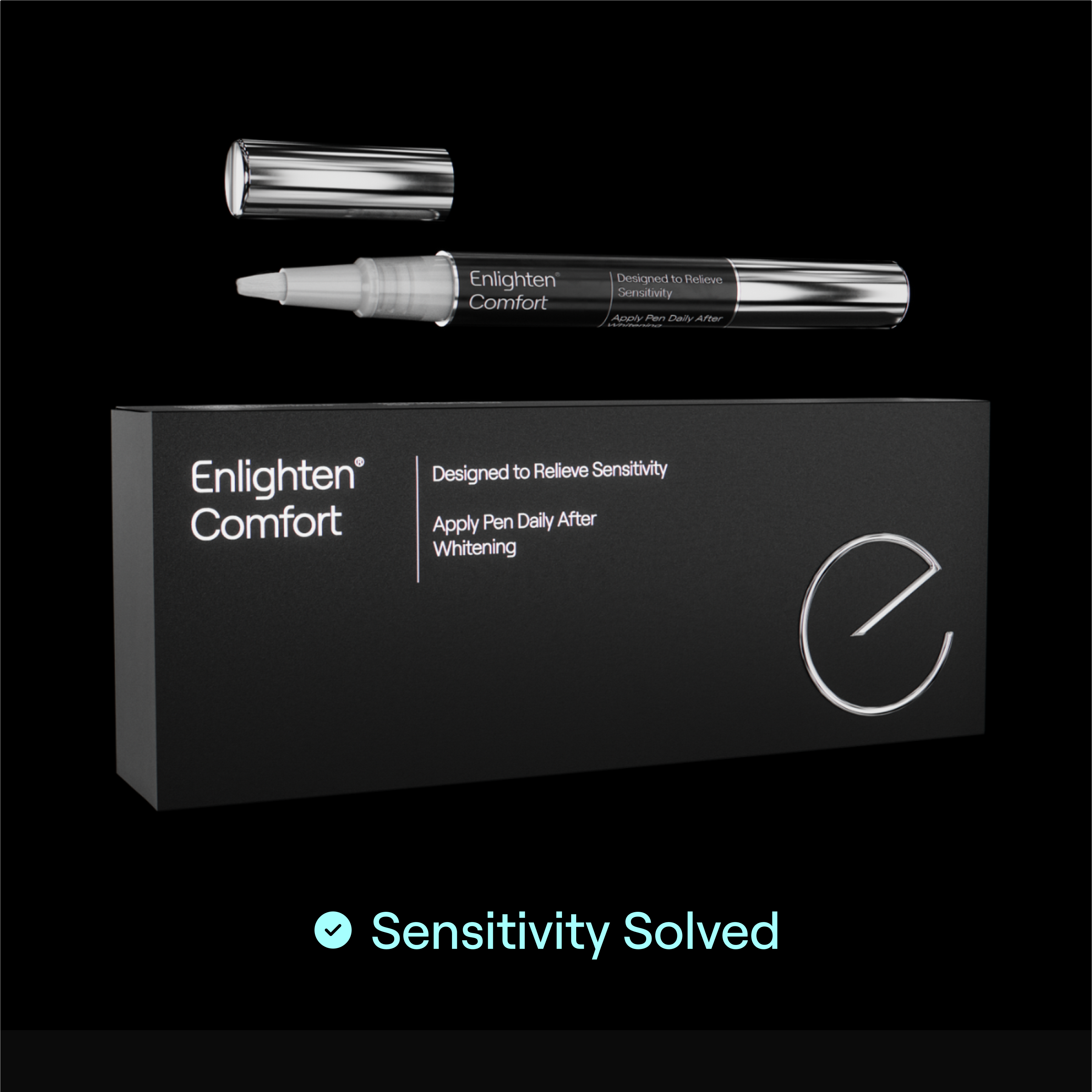 A black rectangular box labeled "Enlighten® Comfort" with the tagline "Designed to Relieve Sensitivity" and instructions to "Apply Pen Daily After Whitening." Above the box, a silver-capped pen applicator with a white brush tip is displayed. The background is black, and at the bottom, there's a blue checkmark followed by the phrase "Sensitivity Solved" in light blue text.