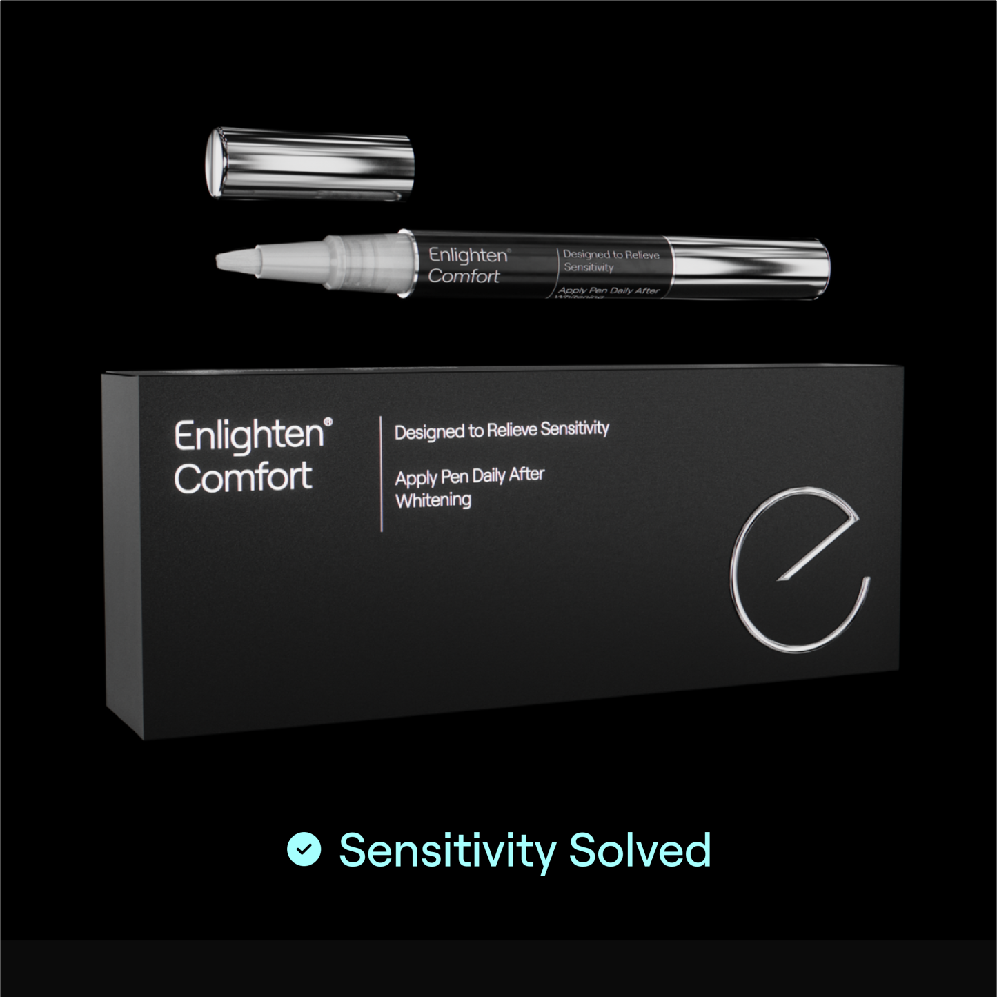 A black rectangular box labeled "Enlighten® Comfort" with the tagline "Designed to Relieve Sensitivity" and instructions to "Apply Pen Daily After Whitening." Above the box, a silver-capped pen applicator with a white brush tip is displayed. The background is black, and at the bottom, there's a blue checkmark followed by the phrase "Sensitivity Solved" in light blue text.
