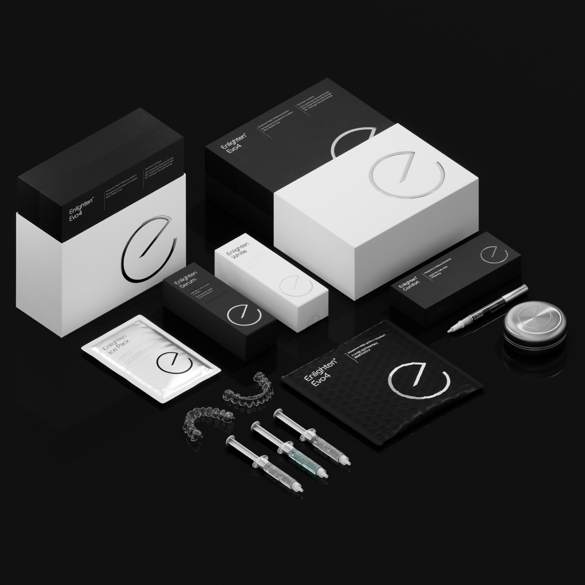 A detailed display of the "Enlighten Evo4 Whitening System" kit, featuring premium black and white packaging with the Enlighten logo. The arrangement includes the main kit box, whitening syringes, whitening trays, a desensitising pen, a silver tray case, a bubble pouch for syringes, and additional product boxes for the Enlighten Serum and Enlighten White toothpaste. Set against a sleek black background, the layout emphasises the professional and high-end design of the system.