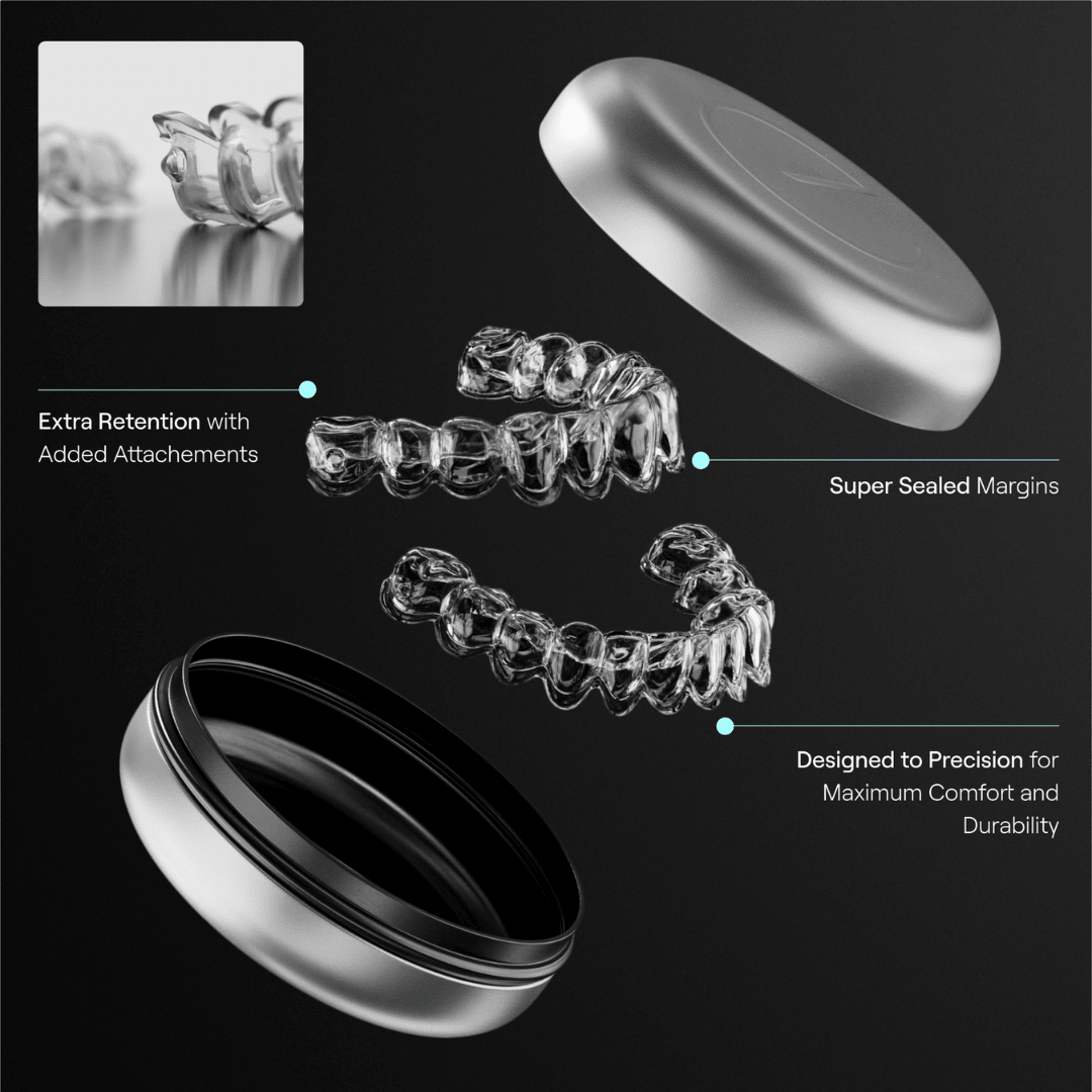 Close-up of Enlighten custom whitening trays with clear attachments for retention and sealed margins. Displayed with a silver storage case and labeled with benefits like durability, comfort, and extra retention. A black background enhances the premium look.