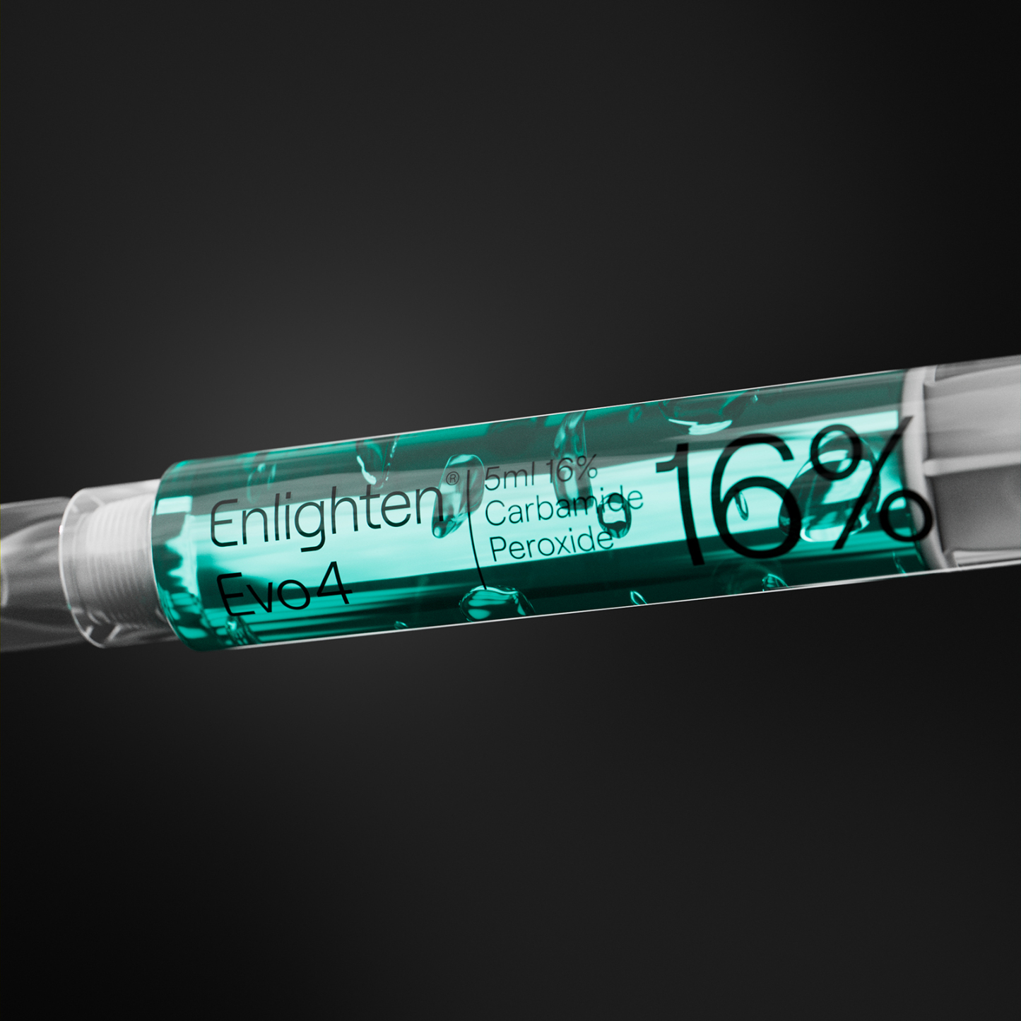 A close-up of the Enlighten Evo4 syringe containing 5ml of 16% carbamide peroxide whitening gel. The transparent syringe highlights the green-tinted gel, with clear branding and labelling. Set against a sleek black background, the design emphasises the product's premium and professional quality.