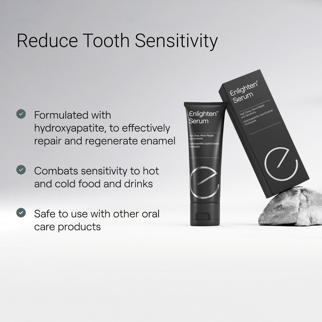Enlighten Serum tube and box displayed on a stone pedestal with the tagline "Reduce Tooth Sensitivity." Benefits listed include hydroxyapatite formulation for enamel repair, sensitivity relief for hot and cold foods, and safe compatibility with other oral care products. Set against a clean grey background for a professional and minimalist look.