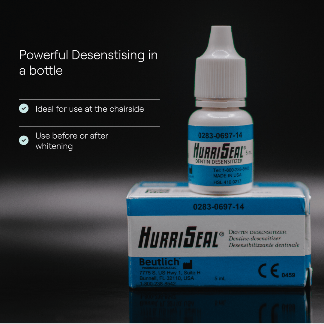 A product display featuring HurriSeal Dentin Desensitiser, with a 5 mL bottle placed atop its branded blue and white packaging. The tagline reads, "Powerful Desensitising in a Bottle," with benefits listed as "Ideal for use at the chairside" and "Use before or after whitening." The product is set against a black background, emphasising its clinical and professional purpose.
