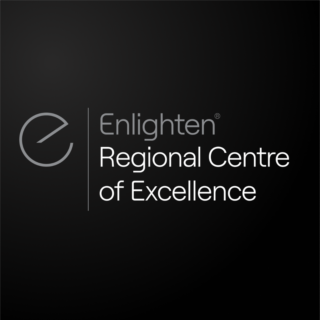 A sleek logo design featuring the Enlighten "E" logo in metallic silver alongside the text "Regional Centre of Excellence" in a modern, minimalist font. The black gradient background adds depth and sophistication, highlighting the premium and exclusive nature of the branding.