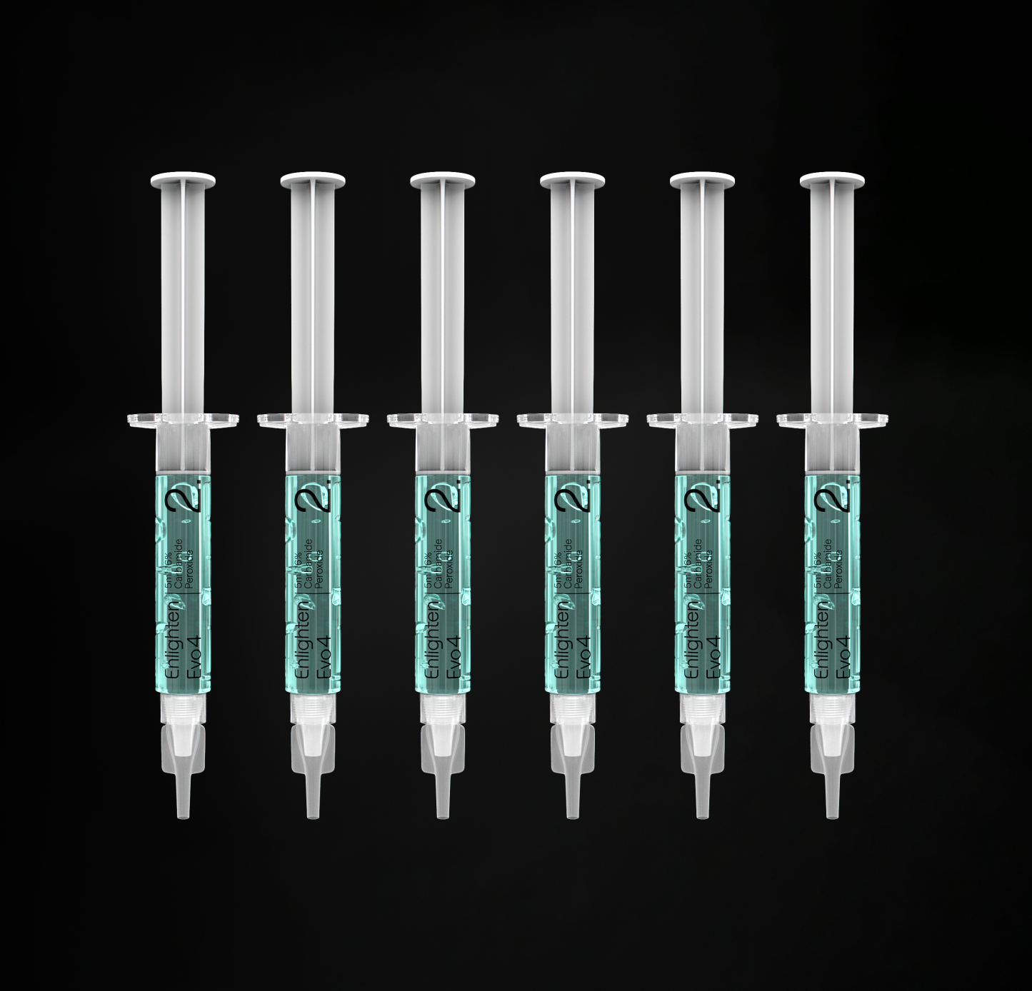 Six clear plastic syringes filled with a light blue gel labeled 'Enlighten Evo4'. The syringes are arranged in a straight line against a black background, showcasing a professional and clinical aesthetic.